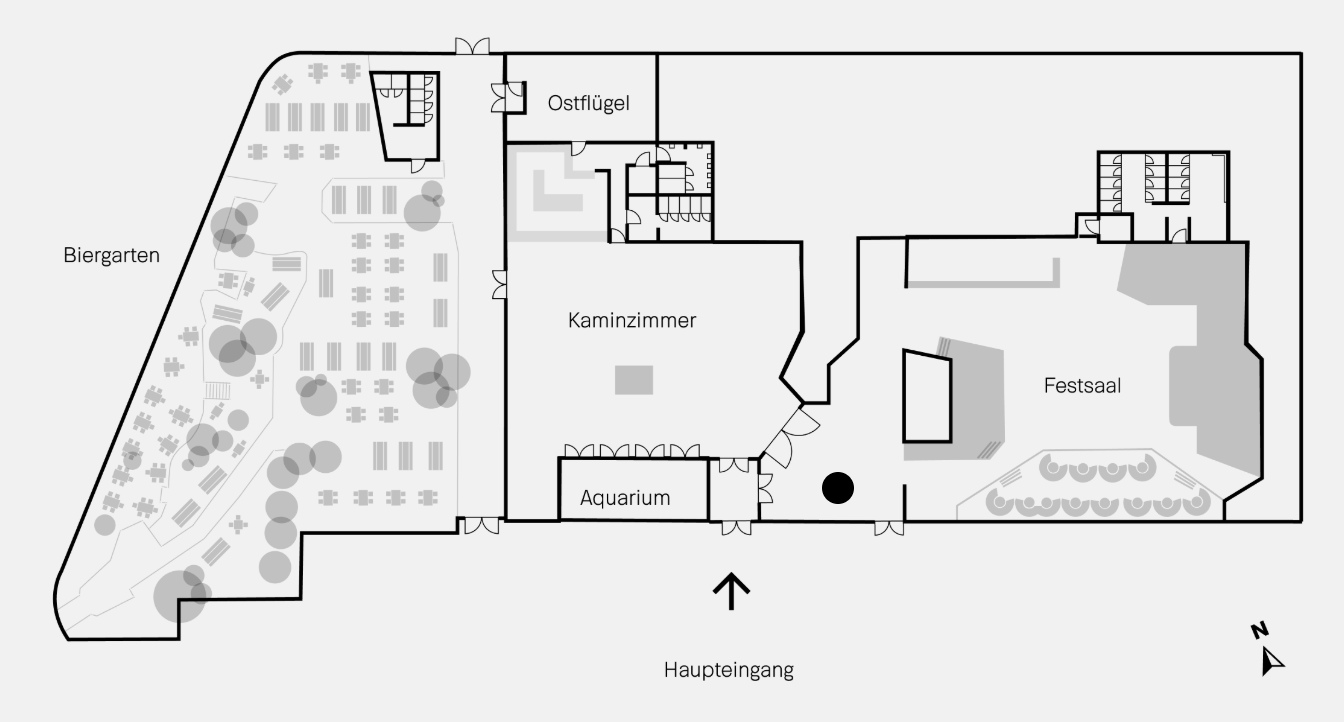 Floor plan of Festsaal Kreuzberg showing Biergarten, Ostflügel, Kaminzimmer, Aquarium and Festsaal